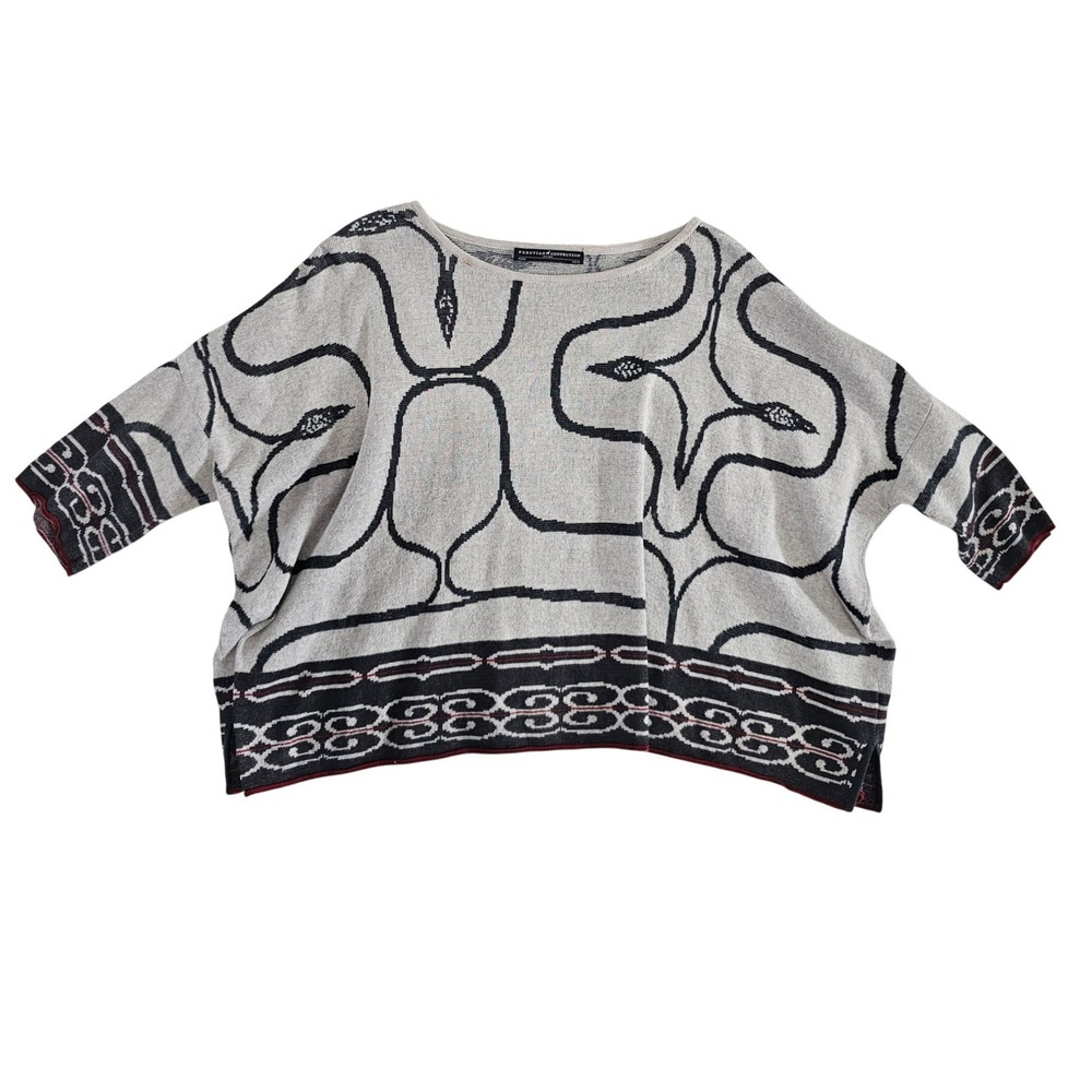 Peruvian Connection Grey Black Abstract Intarsia Knit Boxy Top XS/S Peru